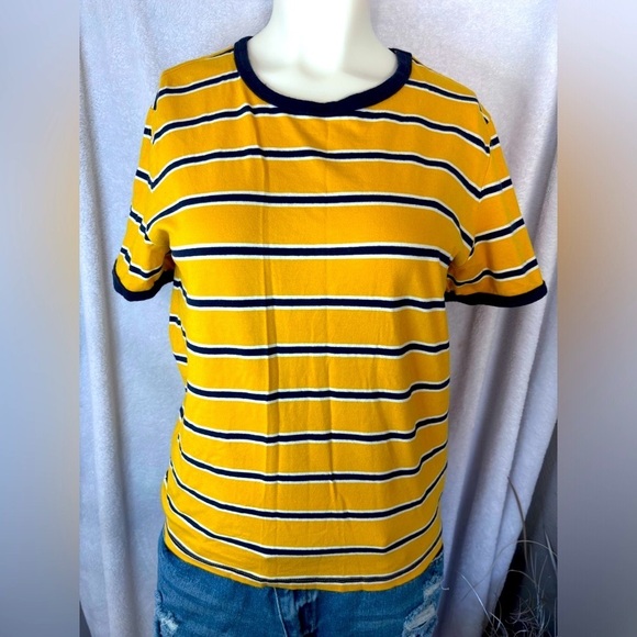 Forever 21 Striped T-Shirt Yellow Blue Crew Neck Short Sleeve Large - Picture 1 of 3